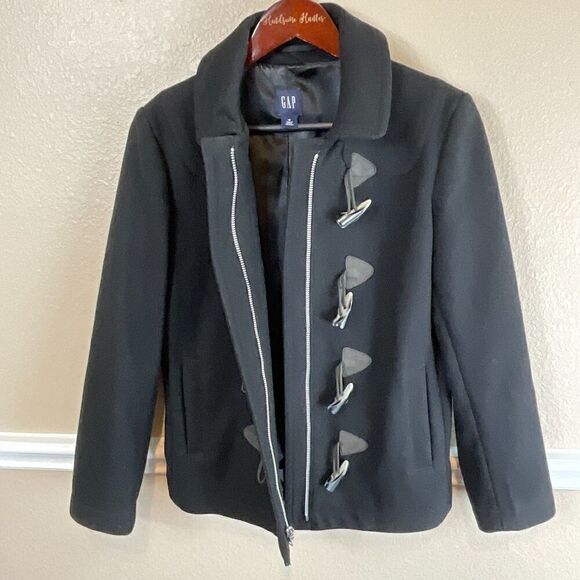 Gap Womens Sz M Black Wool Blend Coat Toggle Button Full Zip Lined Pockets Soft - Picture 4 of 12